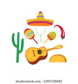 Cinco de Mayo. 5th of May. Cinco de Mayo. 5th of May. Sombrero, Maracas and Guitarrone. Mexican broad-brimmed straw hat, chili pepper, cactus and taco.