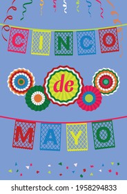 Cinco de Mayo (5th May in Spanish) greeting card, banner, invitation, poster. Colorful papel picado (paper cut out) flags and fans. Cinco de Mayo mexican fiesta party decoration.