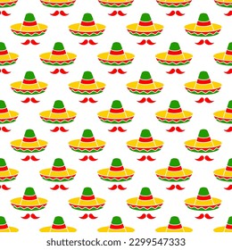 Cinco de Mayo. 5th of May. Sombrero and mustache seamless pattern. Mexican festive vector background.