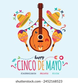 Cinco De Mayo. 5 de mayo Feliz Día del Cinco de Mayo, Anuncio de portada de celebración mexicana con texto colorido, guitarra mexicana, maracas, sombreros sobre fondo acuático. México Fiesta tarjeta de invitación, Anuncio, post.