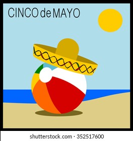 Cinco de Mayo (5th of May) holiday graphic design with sombrero and beach ball on beach