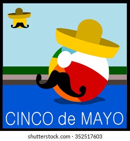 Cinco de Mayo (5th of May) holiday graphic design with sombrero and beach ball in pool