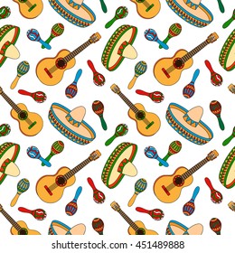 Cinco de Mayo (5th May) Mexican hand drawn seamless pattern with guitar, sombrero and maracas. Vector illustration for wallpaper, gift paper, pattern fills.