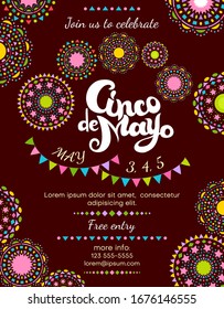Cinco De Mayo announce poster template with festive decorative elements. Invitation for fiesta party for celebration of the Mexican holiday on the fifth of May. Vector design.