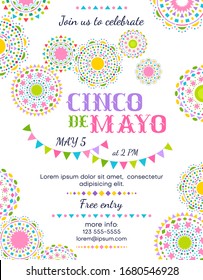 Cinco De Mayo announce poster template with colorful decorative elements. Invitation for fiesta party for celebration of the Mexican holiday on the fifth of May. Vector design.