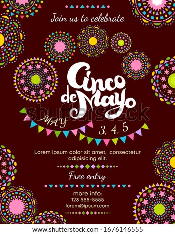 Cinco De Mayo announce poster template with festive decorative elements. Invitation for fiesta party for celebration of the Mexican holiday on the fifth of May. Vector design.
