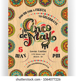 Cinco De Mayo announcing poster template. Text customized for invitation for fiesta party. Ornate lettering and Mexican style rich ornamented border and background. Vector illustration.