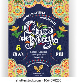 Cinco De Mayo announcing poster template. Text customized for invitation for fiesta party. Ornate lettering, sombreros and cactuses. Mexican style ornamented border. Vector illustration.