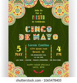 Cinco De Mayo announcing poster template. Text customized for invitation for fiesta party. Ornate letters and Mexican style rich ornamented border and background. Vector illustration.