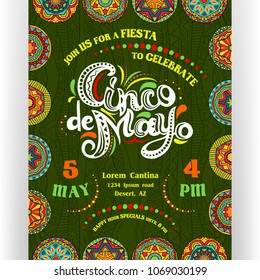 Cinco De Mayo announcing poster template. Text customized for invitation for fiesta party. Ornate lettering and bright Mexican style ornamented border and background. Vector illustration.