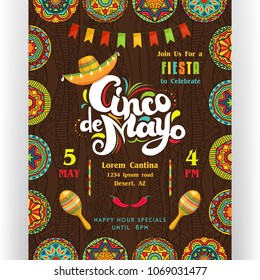 Cinco De Mayo announcing poster template. Text customized for invitation for fiesta party. Creative lettering, sombrero and maracas. Mexican style ornaments for background. Vector illustration.