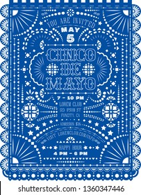 Cinco De Mayo announcing poster with paper cut design. Western style text for invitation for fiesta party. Papel picado banner with Mexican lacy motives. Ornate background. Vector template.