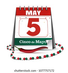 Cinco de Mayo. Annual celebration held on May 5. Holiday date in calendar. Federal holiday in Mexico. Desk calendar in the colors of the national flag of Mexico and red pepper. Vector illustration