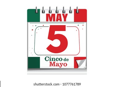 Cinco de Mayo. Annual celebration held on May 5. Holiday date in calendar. Federal holiday in Mexico. Wall calendar in the colors of the national flag of Mexico. Vector illustration