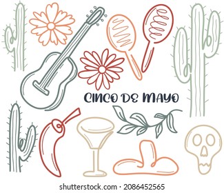 Cinco de mayo attributes isolated illustration. Set of traditional Mexican holiday elements. Vector doodle collection may 5