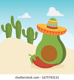cinco de mayo avocado with hat and pepper in desert mexican vector illustration