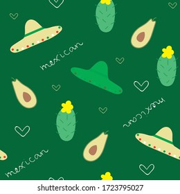 Cinco de mayo backdrop. Mexican seamless pattern with sombreros, cactus and avocados. Traditional print for textile, fabric, wrapping, wallpaper