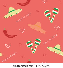 Cinco de mayo backdrop. Mexican seamless pattern with sombreros, cactus and avocados. Traditional print for textile, fabric, wrapping, wallpaper