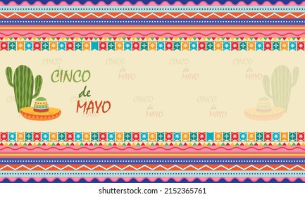 Cinco de mayo background with cactus, hat pennants decoration mexican celebration and copy space area