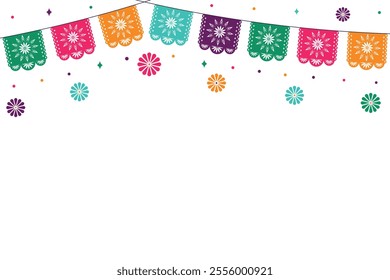 Cinco de Mayo background with colorful paper papel picado flags. Vector template with copy space for banner, poster, card, invitation.	