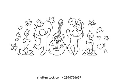 Cinco de Mayo background and happy people with flowers, guitar and candles. Vector hand drawn illustration of doodle men, floral pattern and decorations. Concept of carnival, love and music