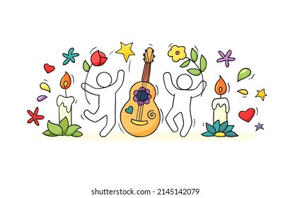 Cinco de Mayo background and happy people with flowers, guitar and candles. Vector hand drawn illustration of doodle men, floral pattern and decorations. Concept of carnival, love and music