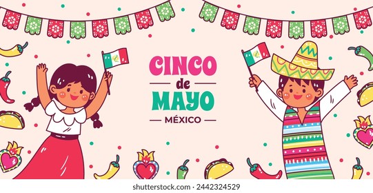 Fondo del Cinco de Mayo. Feliz Fiesta del Cinco de Mayo. Celebración del Cinco de Mayo. 5 de mayo. Diseño de ilustración vectorial de dibujos animados para póster, banner, volante, tarjeta, poste, cubierta, saludo. Fiesta mexicana.