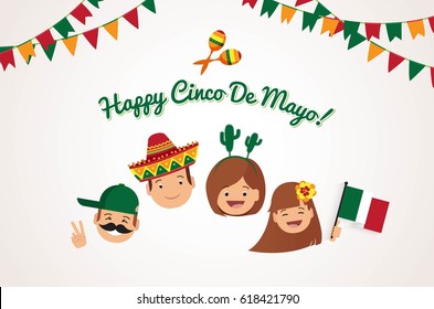 Cinco De Mayo Background. Happy Family With  Different Holiday Symbols Celebrating Cinco De Mayo Day, Smiling. Holiday And Celebration Concept. Vector Illustration 