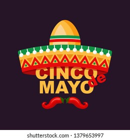 Cinco de Mayo background with sombrero, pepper. Mexican fiesta typography poster. Vector template for invitation to a party, postcard, banner, poster, flyer, textile.