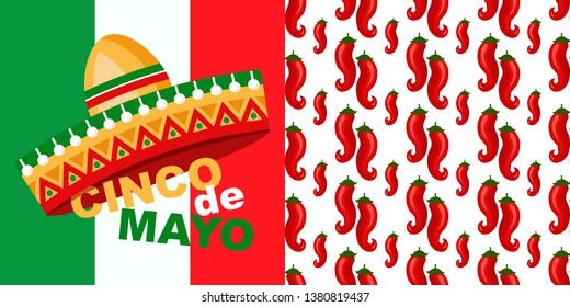 Cinco de Mayo background with sombrero. Seamless pattern with peppers. Mexican fiesta typography poster. Vector template for invitation to a party, postcard, banner, poster, flyer, textile.