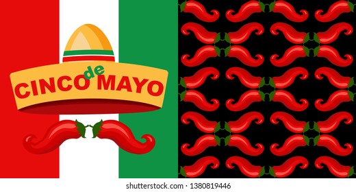 Cinco de Mayo background with sombrero. Seamless pattern with peppers. Mexican fiesta typography poster. Vector template for invitation to a party, postcard, banner, poster, flyer, textile.