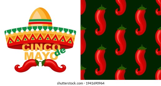 Cinco de Mayo background with sombrero. Seamless pattern with peppers. Mexican fiesta typography poster. Vector template for invitation to a party, postcard, banner, poster, flyer, textile.