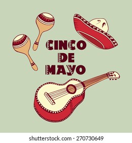 Cinco De Mayo background. Sombrero, guitar, maracas design elements. Vector illustration