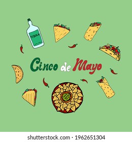 Cinco De Mayo background template for the celebration of the Mexican holiday. Handwritten lettering phrase design with hand-draw tequila, guacamole, nachos, taco, burrito, empanada, quesadilla. 