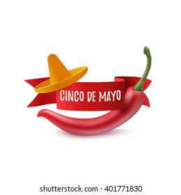 Cinco de Mayo background template with  red ribbon, sombrero and red chili pepper, isolated on white background. Vector illustration.