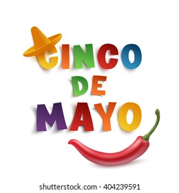 Cinco de Mayo background template with sombrero and red chili pepper, isolated on white background. Vector illustration.