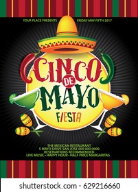 Cinco De Mayo background template for celebration of the Mexican holiday on the fifth (Cinco) of May (Mayo). EPS 10 vector.