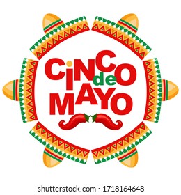 Cinco de Mayo background with text, sombrero, chili pepper. Mexican fiesta typography poster. Vector template for a party invitation, cover, postcard, banner, poster, flyer.Vector illustration.