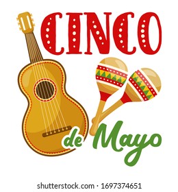 Cinco de mayo badge, mexican traditional fiesta. Mexican musical instrument  - guitar and maracas. Vector