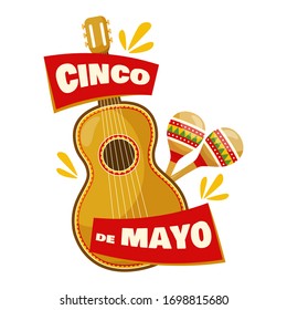 Cinco de mayo badge, mexican traditional fiesta. Mexican musical instrument  - guitar and maracas. Vector