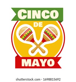 Cinco de mayo badge, mexican traditional fiesta. Mexican musical instrument  - maracas. Vector