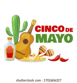 Cinco de mayo badge, mexican traditional fiesta. Food for a party and Mexican musical instrument. Vector