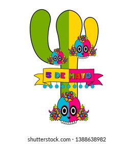 Cinco de mayo banner with a cactus and skulls - Vector
