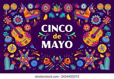 Banner del Cinco de Mayo. Tarjeta del vector de la historieta con los artículos festivos mexicanos para la celebración de la fiesta. Guitarra, maracas, pinata y limón, flores de cactus y decoración floral en estilo alebrije tradicional