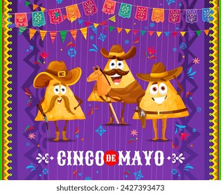 Cinco de mayo banner, cartoon Mexican nachos chips cowboy characters. Vector greeting card with tex mex food western cowpuncher personages wear sombrero hat and stockriders attire celebrate party