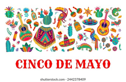 Cinco de mayo banner with cartoon vector Mexican festive items for holiday celebration. Guitar, sombrero, maracas and lemon slice, bird, tequila, cacti flowers chameleon in traditional alebrije style