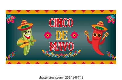 Cinco de Mayo Banner mit fröhlichem Schnurrbart Kaktus schüttelt Maracas, fröhliche Chilischoten in Sombrero Gitarre spielen. flache, moderne Vektorgrafik