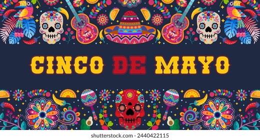 cinco de mayo banner with colorful Mexican flowers. Fiesta, holiday poster, party flyer, greeting card. vector illustration