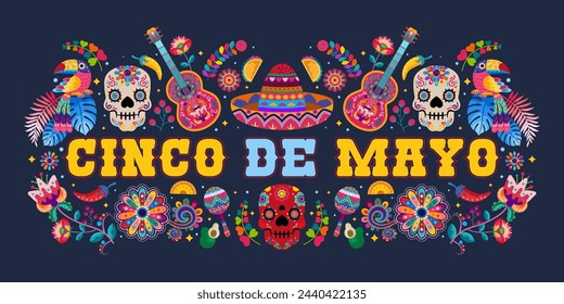 cinco de mayo banner with colorful Mexican flowers. Fiesta, holiday poster, party flyer, greeting card. vector illustration