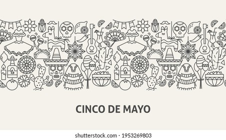 Cinco de Mayo Banner Concept. Fifth of May Translate. Vector Illustration of Outline Design.